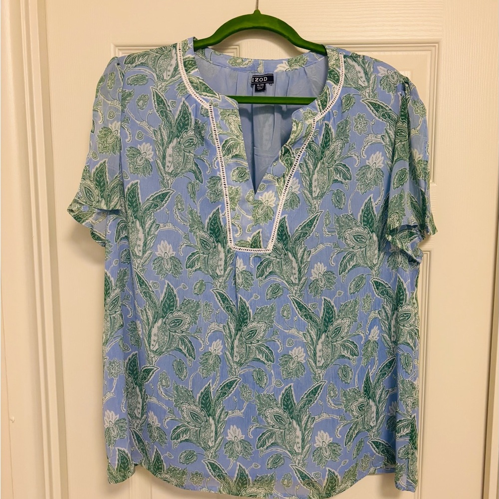 Izod Blue and Green Short Sleeve Blouse with Mandarin Collar